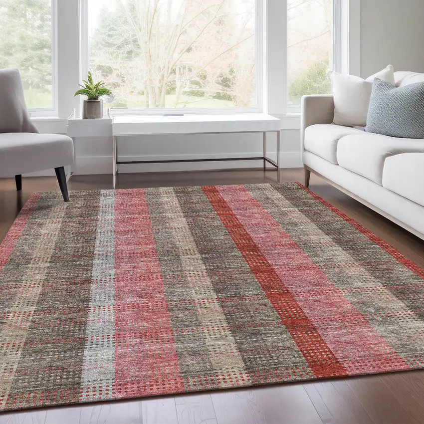 Red Pink And Gray Plaid Washable Area Rug With UV Protection Photo 5