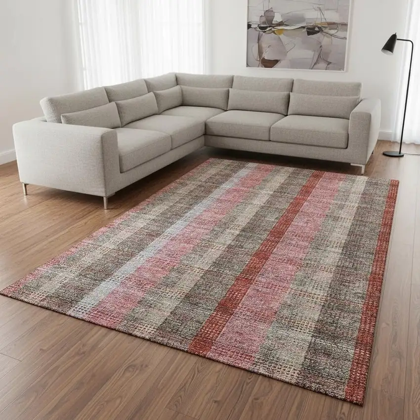 Red Pink And Gray Plaid Washable Area Rug With UV Protection Photo 2