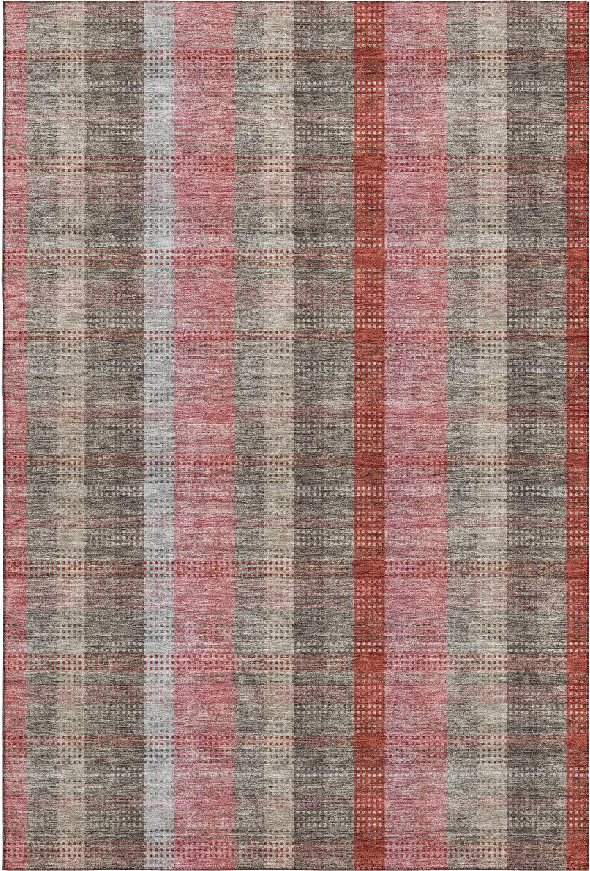 Red Pink And Gray Plaid Washable Area Rug With UV Protection Photo 1