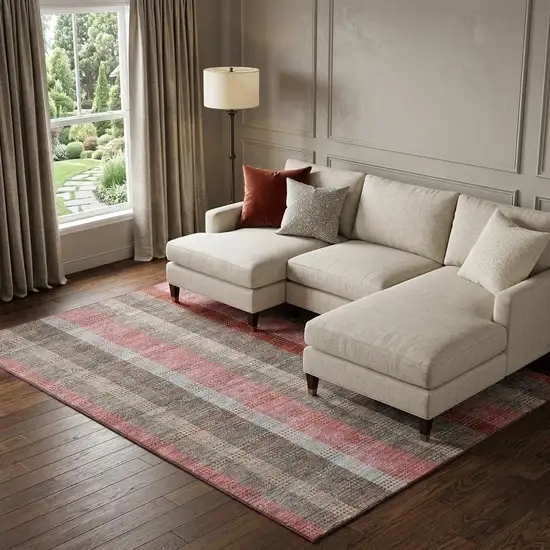 Red Pink And Gray Plaid Washable Area Rug With UV Protection Photo 1