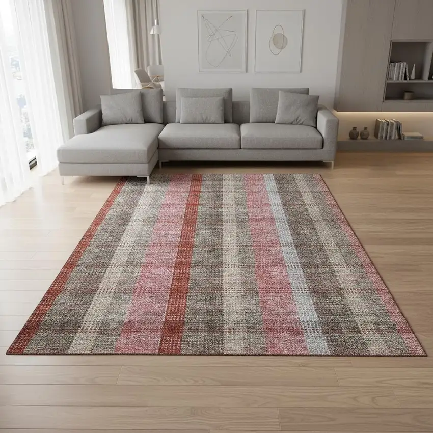 Red Pink And Gray Plaid Washable Area Rug With UV Protection Photo 2