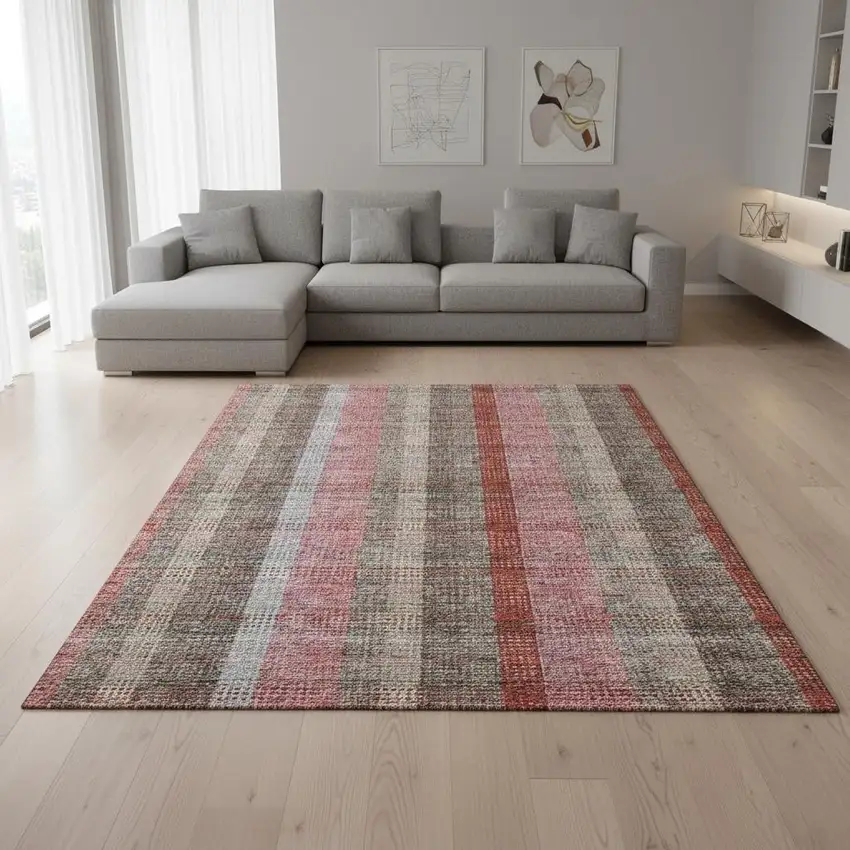 Red Pink And Gray Plaid Washable Area Rug With UV Protection Photo 2