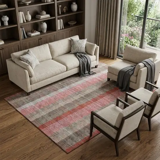 Red Pink And Gray Plaid Washable Area Rug With UV Protection Photo 1