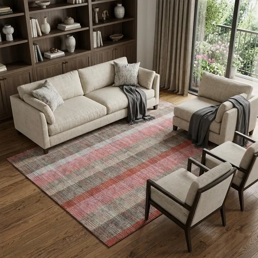 Red Pink And Gray Plaid Washable Area Rug With UV Protection Photo 1