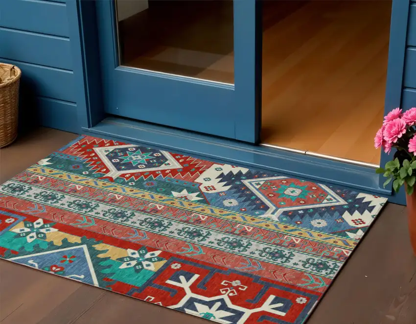 Red Pink And Teal Blue Aztec Washable Indoor Outdoor Area Rug Photo 1