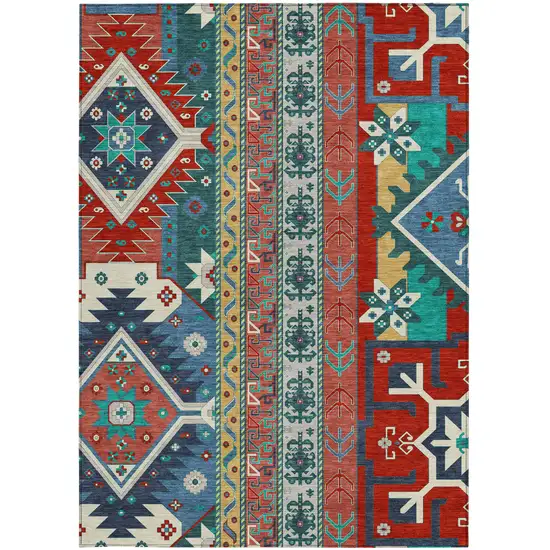 Red Pink And Teal Blue Aztec Washable Indoor Outdoor Area Rug Photo 7