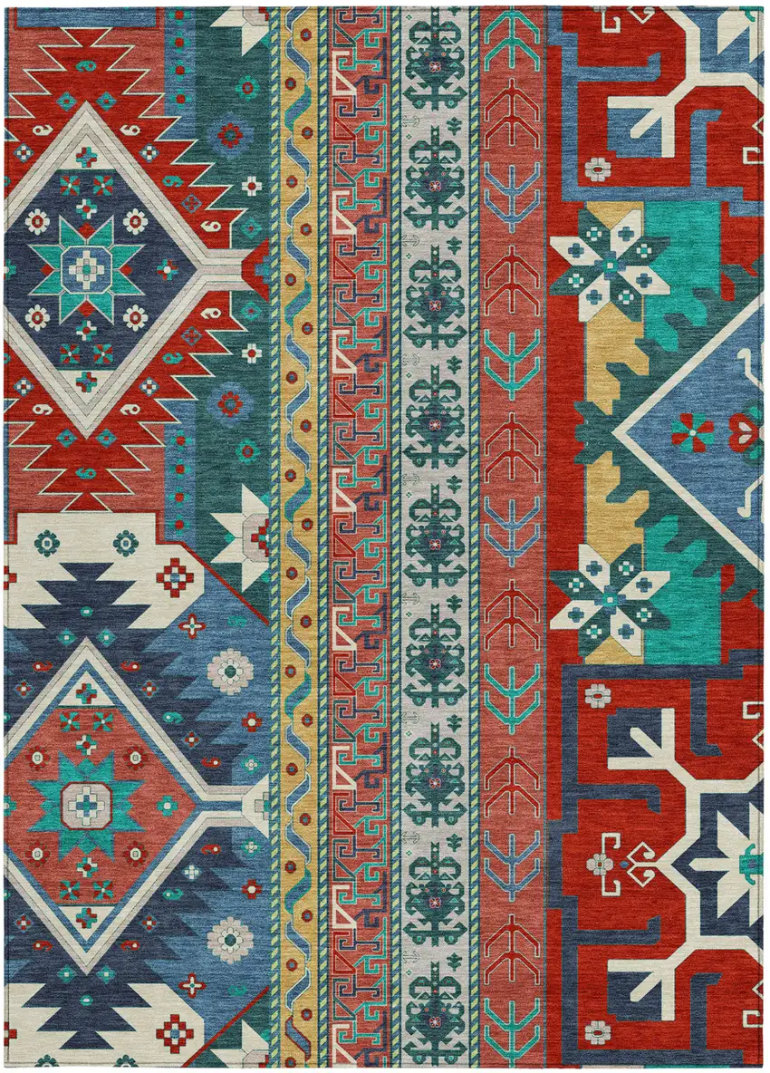 Red Pink And Teal Blue Aztec Washable Indoor Outdoor Area Rug Photo 7