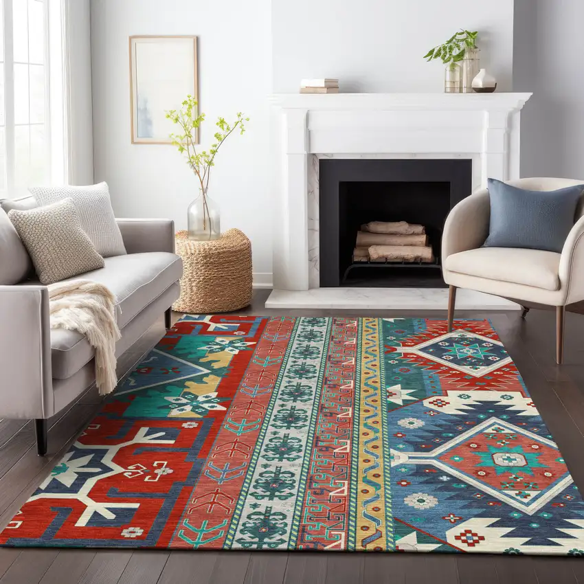 Red Pink And Teal Blue Aztec Washable Indoor Outdoor Area Rug Photo 9