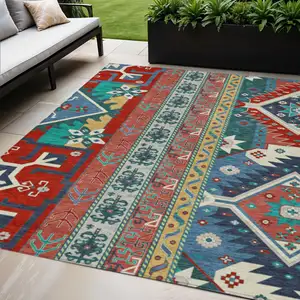 Photo of Red Pink And Teal Blue Aztec Washable Indoor Outdoor Area Rug