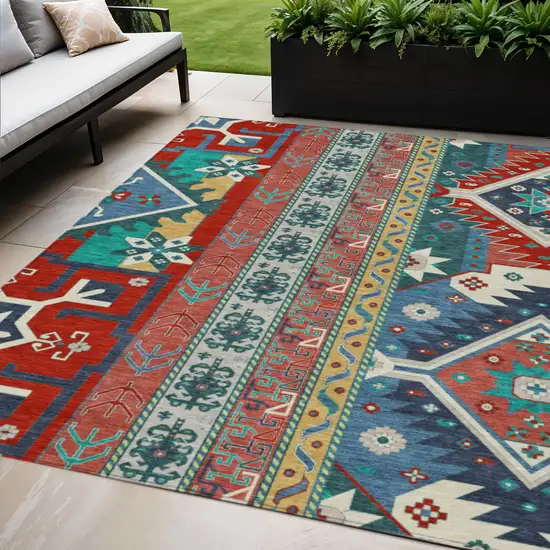 Red Pink And Teal Blue Aztec Washable Indoor Outdoor Area Rug Photo 1