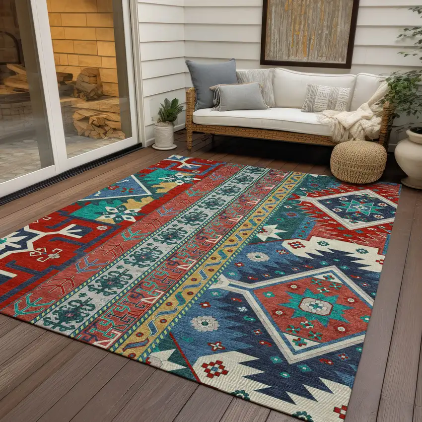 Red Pink And Teal Blue Aztec Washable Indoor Outdoor Area Rug Photo 8