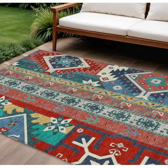 Red Pink And Teal Blue Aztec Washable Indoor Outdoor Area Rug Photo 1