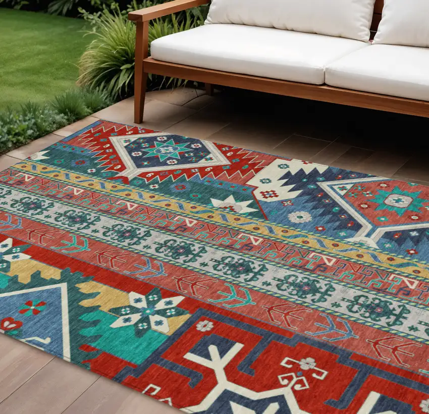 Red Pink And Teal Blue Aztec Washable Indoor Outdoor Area Rug Photo 1