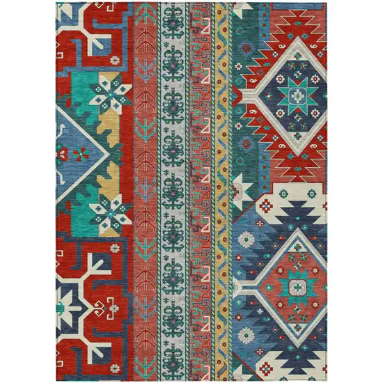 Red Pink And Teal Blue Aztec Washable Indoor Outdoor Area Rug Photo 2