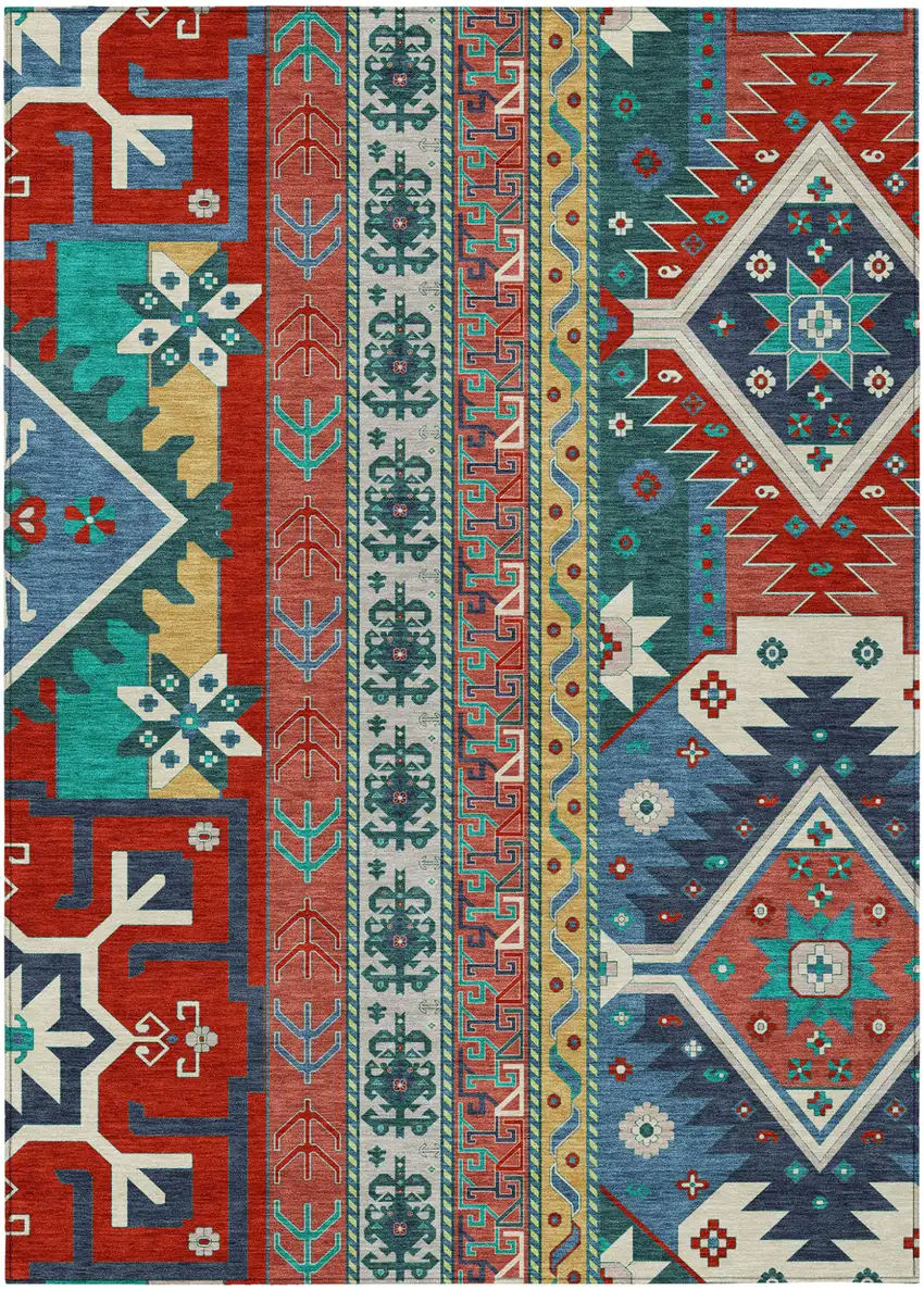 Red Pink And Teal Blue Aztec Washable Indoor Outdoor Area Rug Photo 2