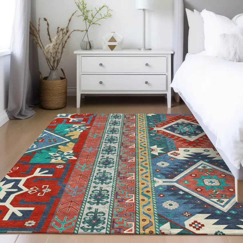 Red Pink And Teal Blue Aztec Washable Indoor Outdoor Area Rug Photo 9