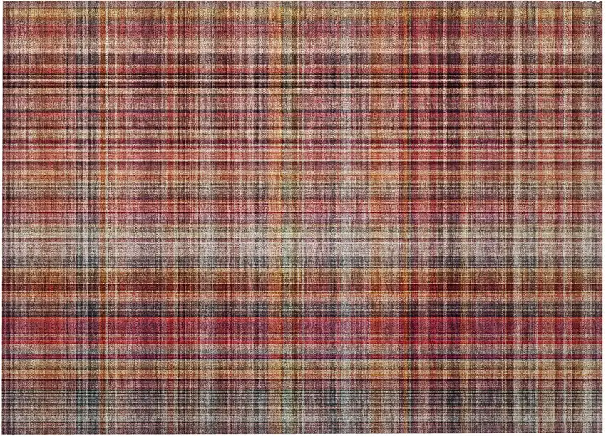 Red Orange and Brown Plaid Washable Non Skid Indoor Outdoor Area Rug Photo 4
