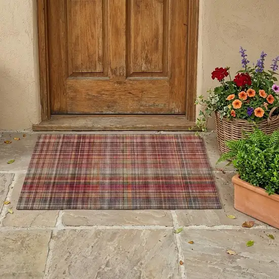 Red Orange and Brown Plaid Washable Non Skid Indoor Outdoor Area Rug Photo 1