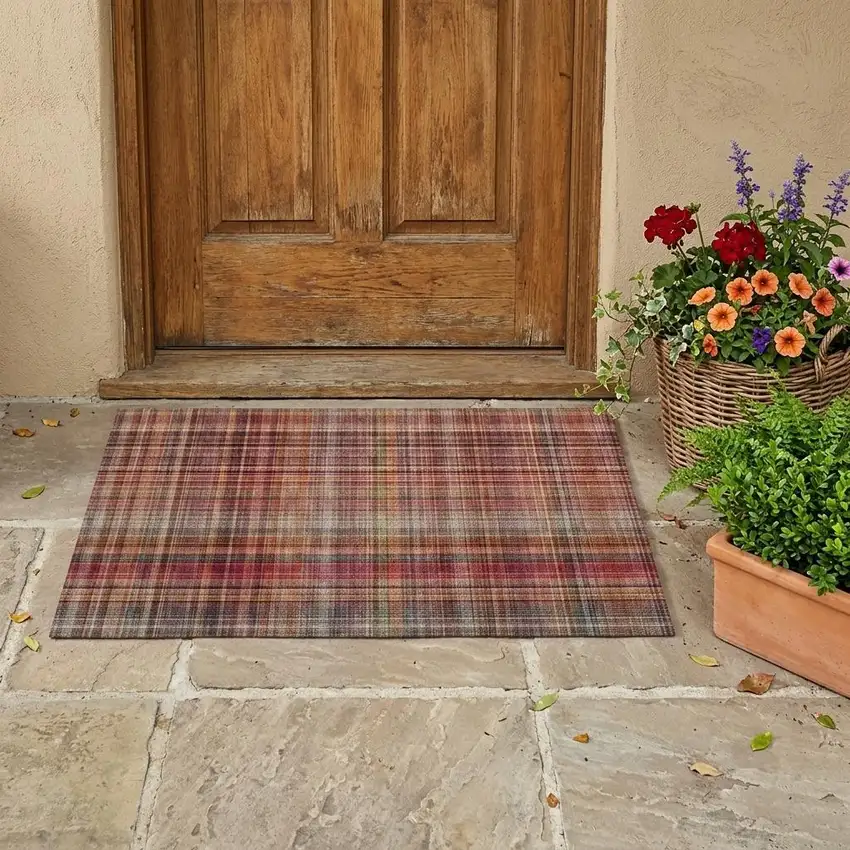 Red Orange and Brown Plaid Washable Non Skid Indoor Outdoor Area Rug Photo 1