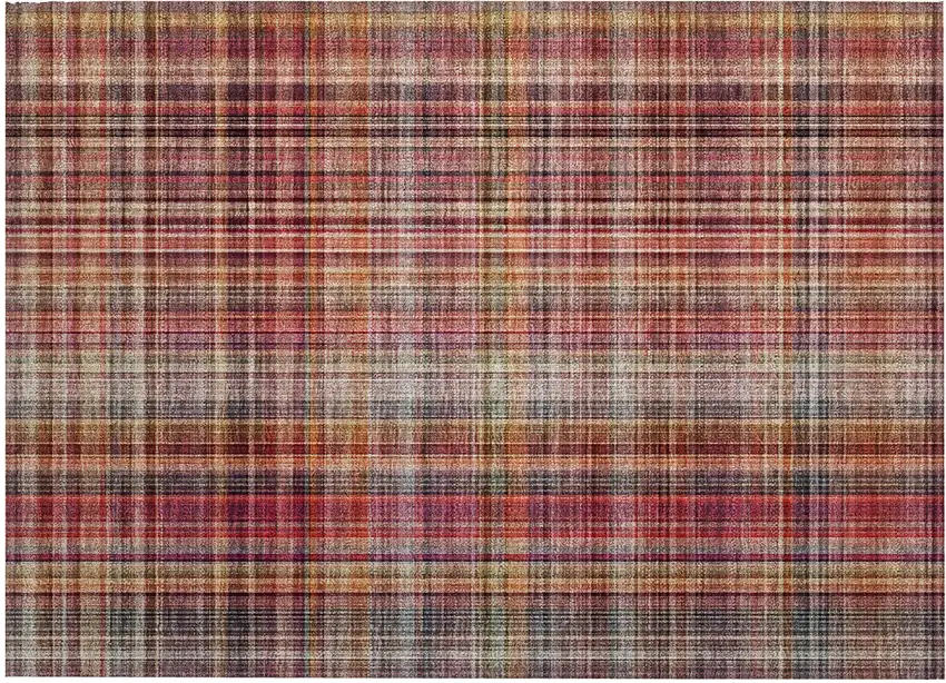 Red Orange and Brown Plaid Washable Non Skid Indoor Outdoor Area Rug Photo 2