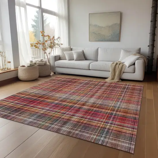 Red Plaid Washable Non Skid Indoor Outdoor Area Rug Photo 9