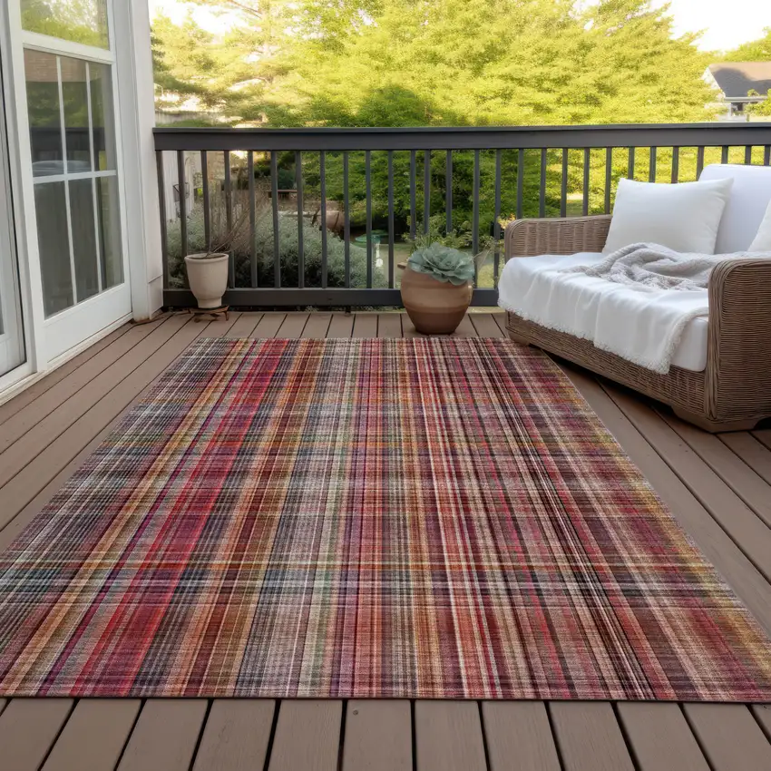Red Plaid Washable Non Skid Indoor Outdoor Area Rug Photo 8