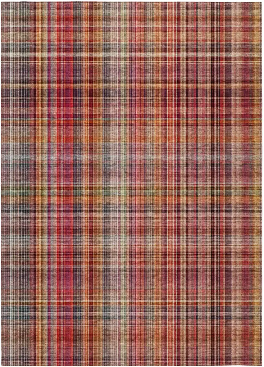 Red Plaid Washable Non Skid Indoor Outdoor Area Rug Photo 2
