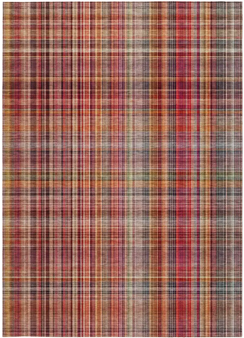 Red Plaid Washable Non Skid Indoor Outdoor Area Rug Photo 5
