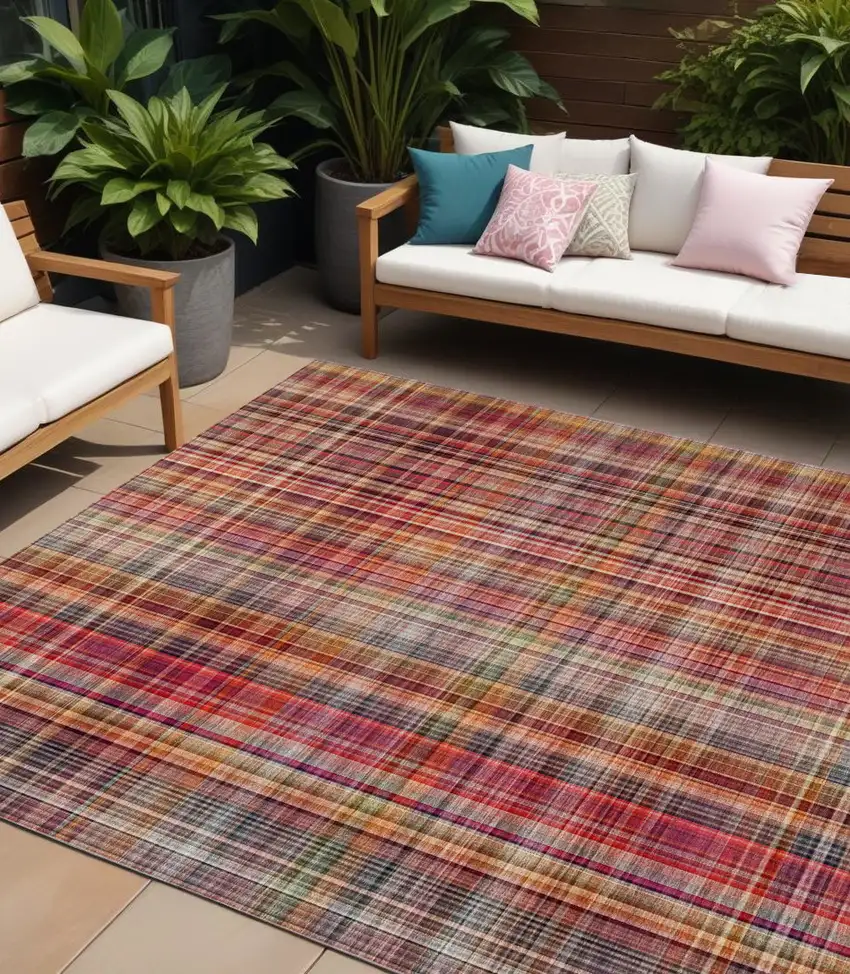Red Orange and Brown Plaid Washable Non Skid Indoor Outdoor Area Rug Photo 1
