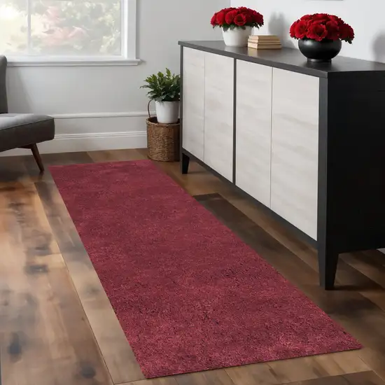 8' Red Shag Hand Woven Runner Rug Photo 2