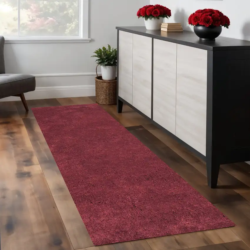 8' Red Shag Hand Woven Runner Rug Photo 2