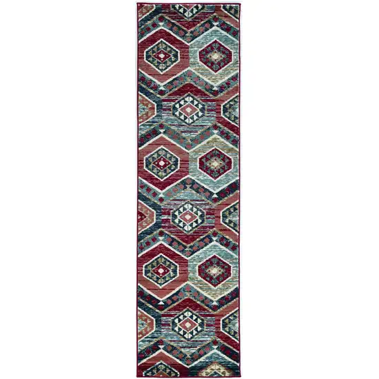 7' Red And Blue Geometric Runner Rug Photo 1