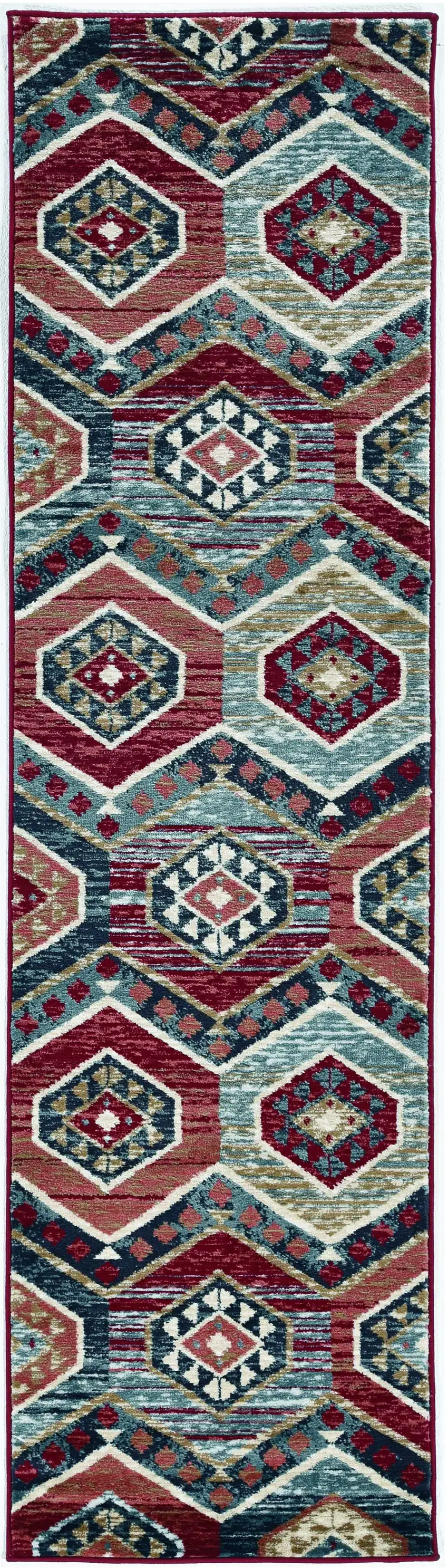7' Red And Blue Geometric Runner Rug Photo 1