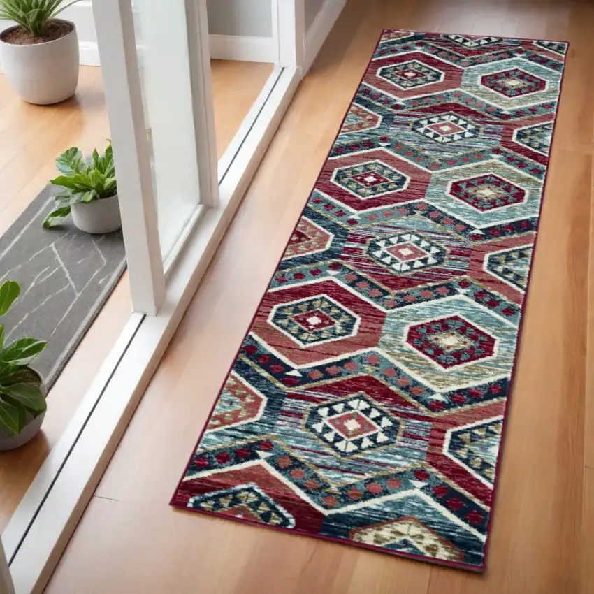 7' Red And Blue Geometric Runner Rug Photo 2