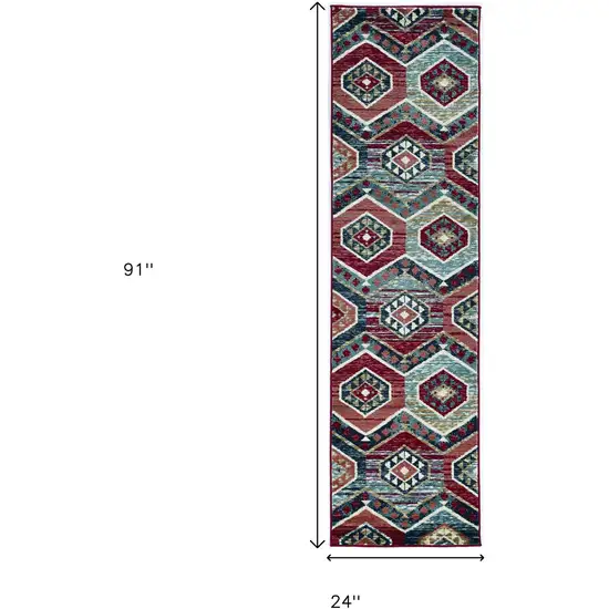 7' Red And Blue Geometric Runner Rug Photo 8