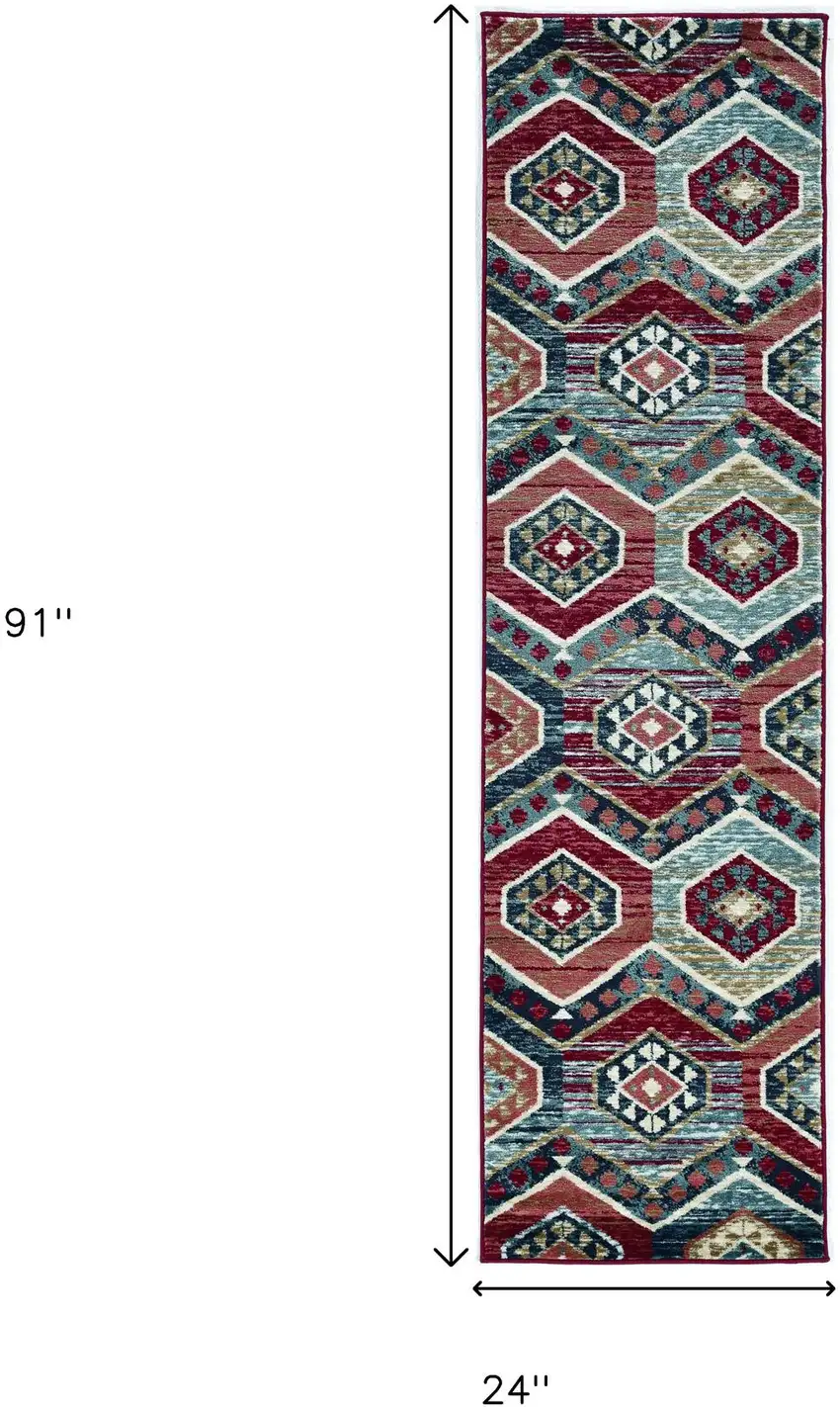 7' Red And Blue Geometric Runner Rug Photo 8