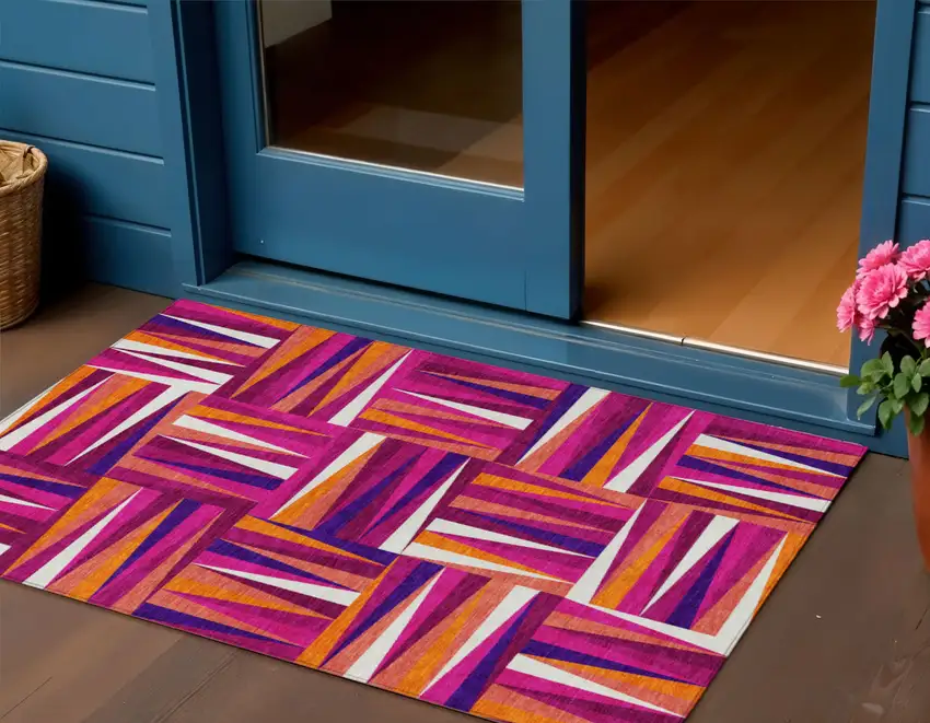 Red Purple And Copper Geometric Washable Indoor Outdoor Area Rug Photo 1