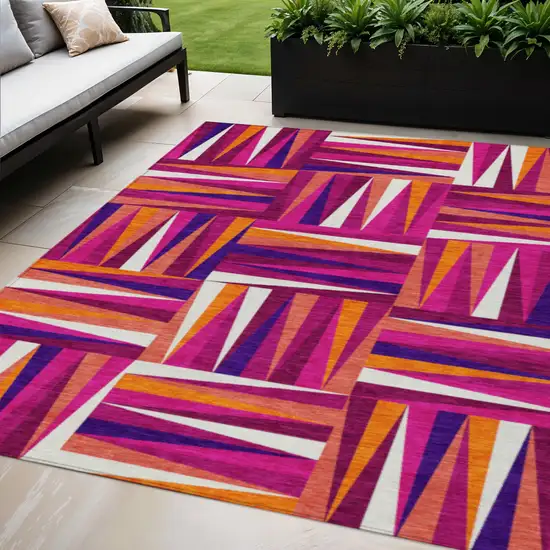 Red Purple And Copper Geometric Washable Indoor Outdoor Area Rug Photo 1