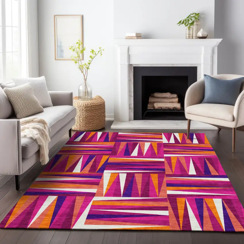 Red Purple And Copper Geometric Washable Indoor Outdoor Area Rug Photo 9