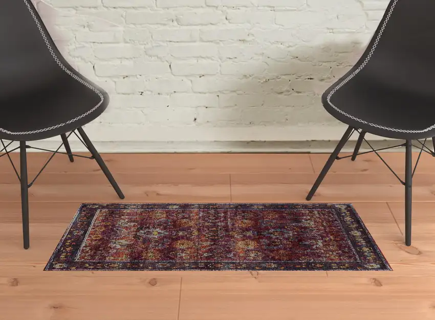 Red Purple Gold And Grey Oriental Power Loom Stain Resistant Area Rug Photo 2