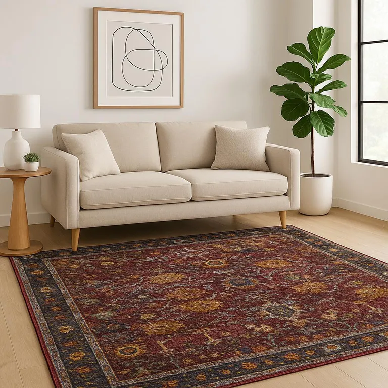 Red Purple Gold And Grey Oriental Power Loom Stain Resistant Area Rug Photo 5