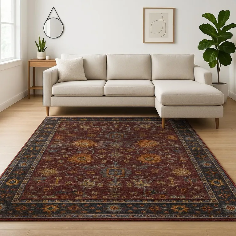 Red Purple Gold And Grey Oriental Power Loom Stain Resistant Area Rug Photo 5