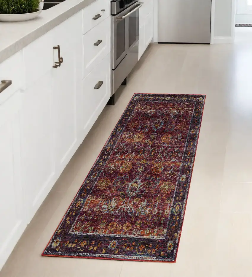 Red Purple Oriental Power Loom Runner Rug Photo 1