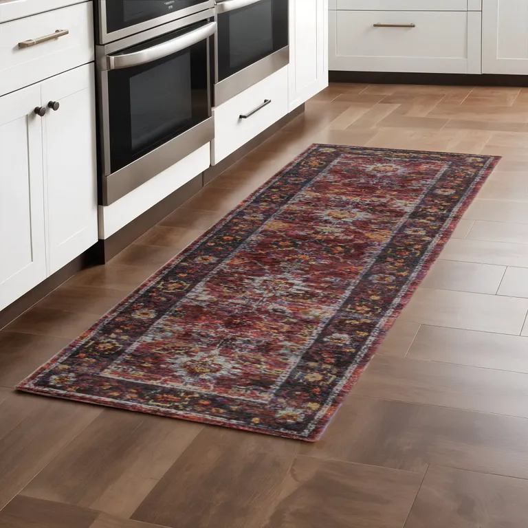Red Purple Gold And Grey Oriental Power Loom Stain Resistant Runner Rug Photo 5
