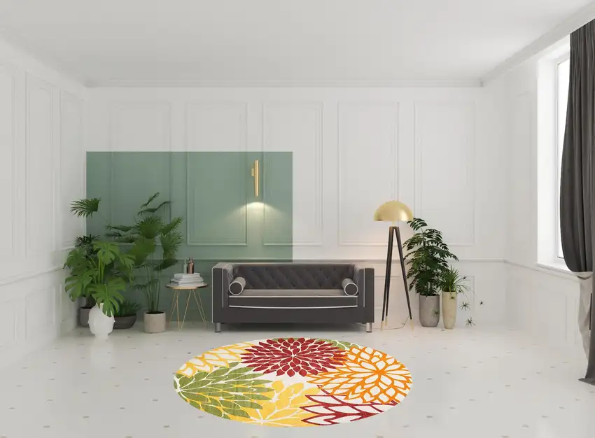 Red Round Floral Non Skid Indoor Outdoor Area Rug Photo 2
