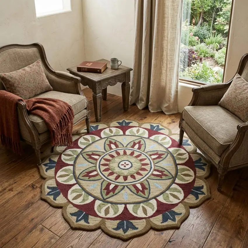 Red Round Wool Floral Hand Tufted Area Rug Photo 1
