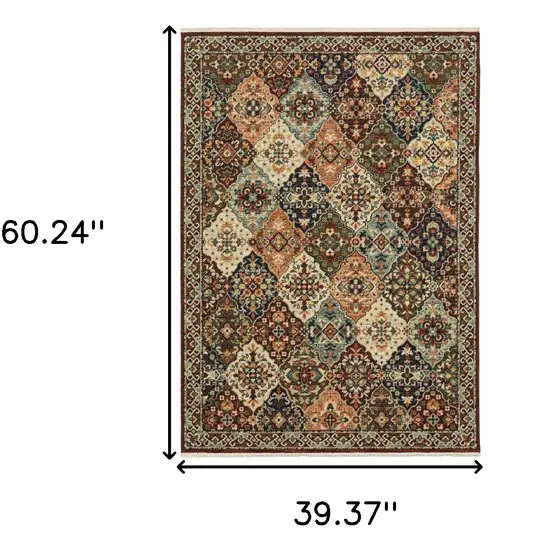 Red Rust Navy Light Blue Brown Orange Ivory And Gold Oriental Power Loom Stain Resistant Area Rug With Fringe Photo 3