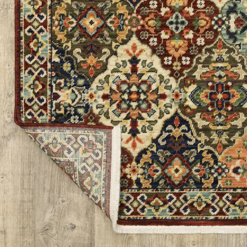Red Rust Navy Light Blue Brown Orange Ivory And Gold Oriental Power Loom Stain Resistant Area Rug With Fringe Photo 7