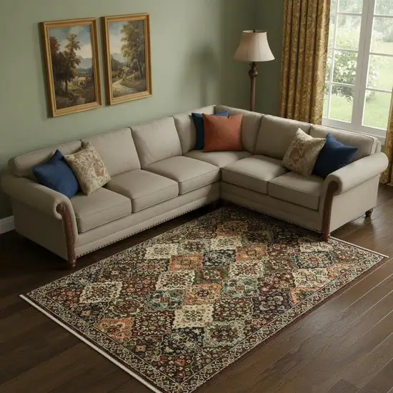 Red Rust Navy Light Blue Brown Orange Ivory And Gold Oriental Power Loom Stain Resistant Area Rug With Fringe Photo 1