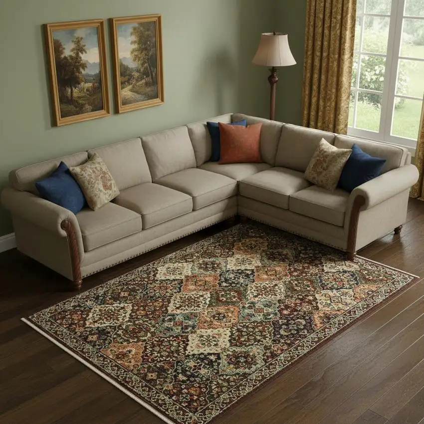 Red Rust Navy Light Blue Brown Orange Ivory And Gold Oriental Power Loom Stain Resistant Area Rug With Fringe Photo 1